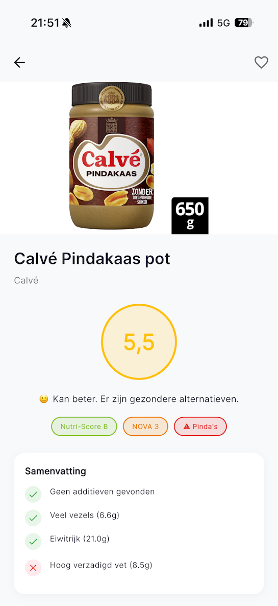 Puritas Score scherm met Calvé Pindakaas